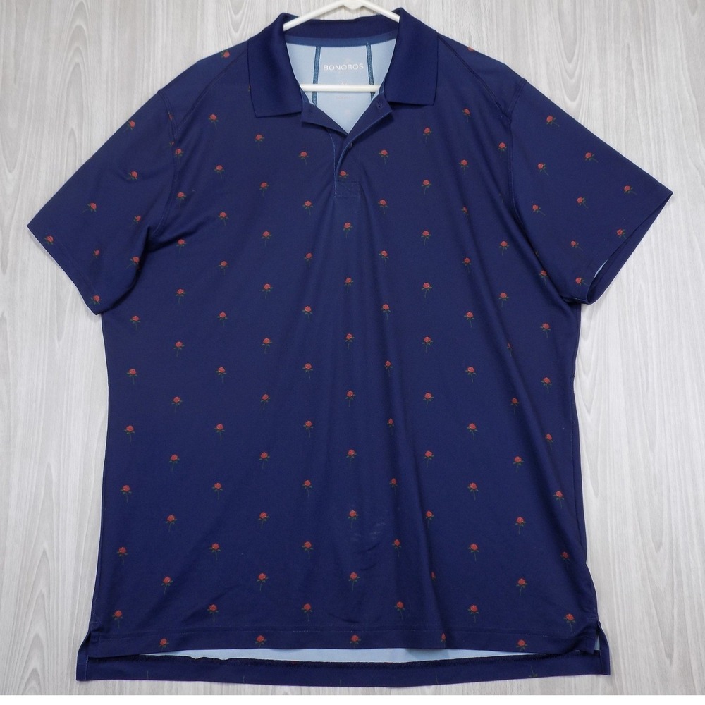Bonobos Golf Mens XL Slim Fit Navy Blue Red Rose Floral Performance Polo Shirt